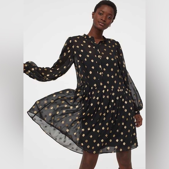 H&M black/gold chiffon dress sz L - Picture 1 of 9